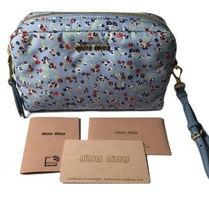 Miu Miu New Blue Colorful Logo Print Nylon Clutch Wristlet Bag Pouch $450